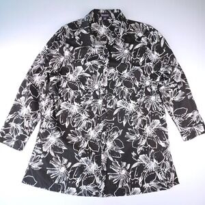 Roaman's 22W Black White Floral Button Down Tunic Shirt 30-2959-2 Dark Botanical